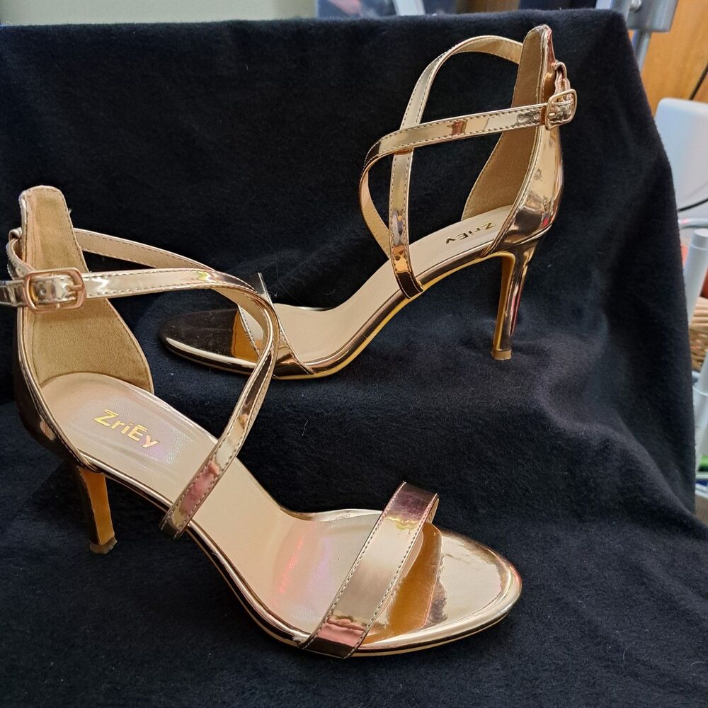Zriey Strappy 3” Stiletto High Heels - Size 8 1/2M- metallic Rose Gold